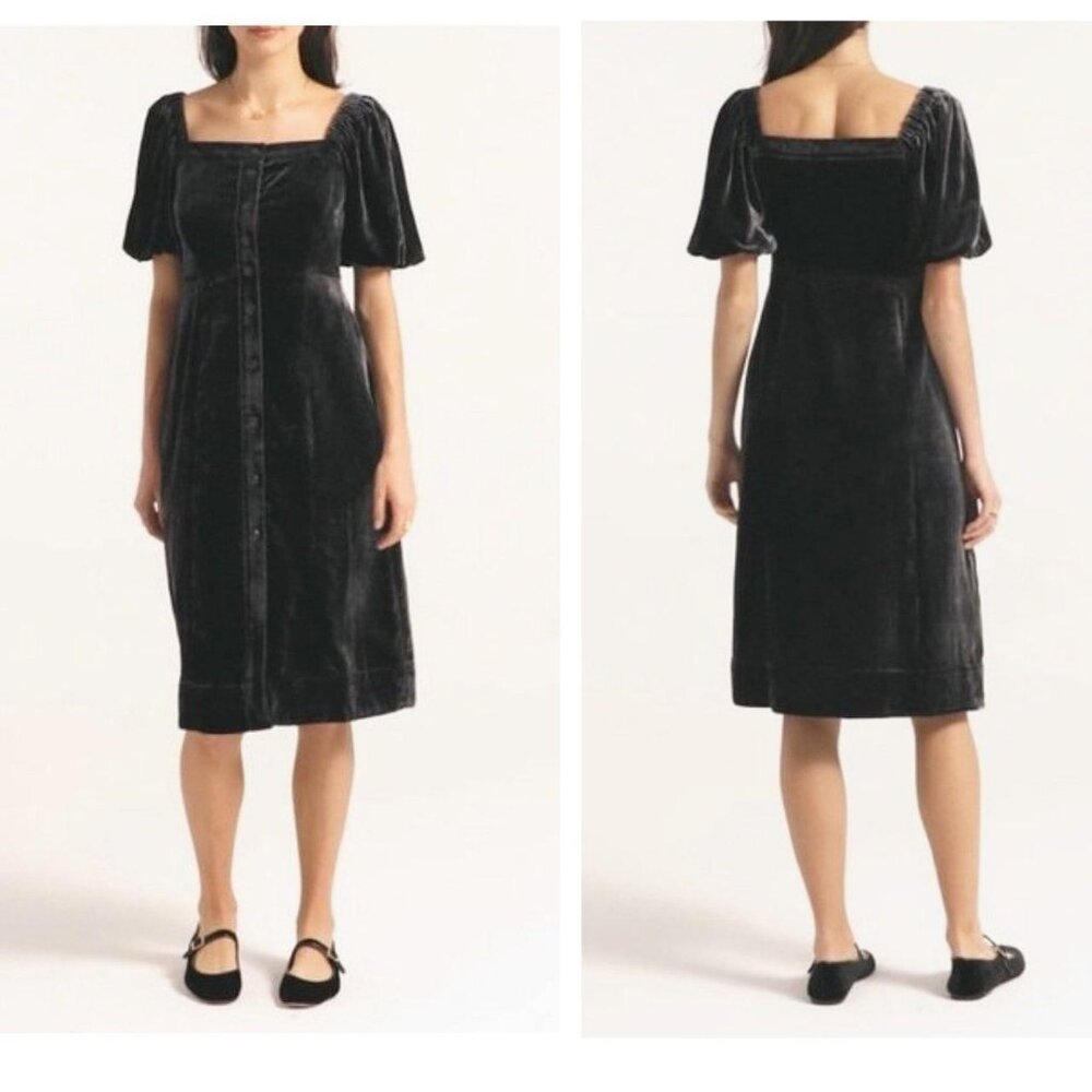 J. Crew Black Velvet Midi Dress Size 4 Puff Sleeves Square Neck NWT Witchy Goth